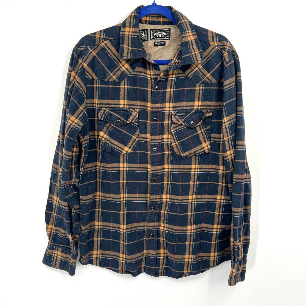 Elwood 100% cotton heavyweight flannel pearl snap shirt western plaid blue XL